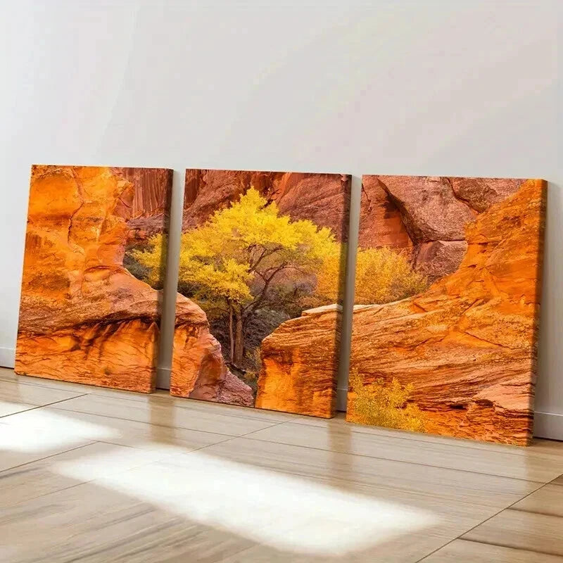 3pcs Autumn Golden Trees on a Valley Wall Art Set Canvas Framed 40x60cm - High Quality Print 100% Australian Made Wall Canvas Ready to Hang