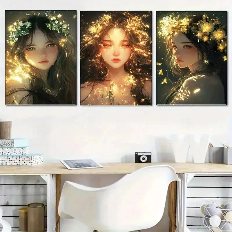 3pcs Glowing Floral Crown Girl Portrait Perfect Wall Art Set Canvas Framed 40x60cm - High Quality Print 100% Australian Made Wall Canvas Ready to Hang