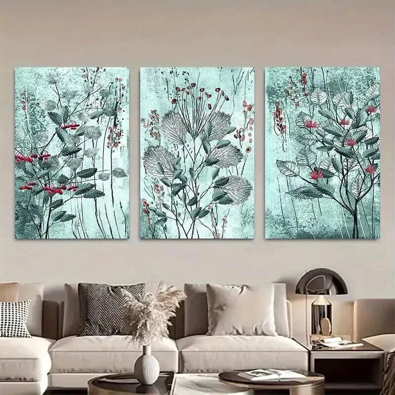 3pcs Blue & Green Leaf Design with Red Berries Wall Art Set Canvas Framed 40x60cm - High Quality Print 100% Australian Made Wall Canvas Ready to Hang