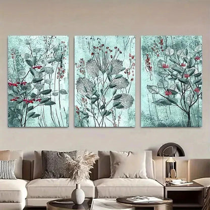 3pcs Blue & Green Leaf Design with Red Berries Wall Art Set Canvas Framed 40x60cm - High Quality Print 100% Australian Made Wall Canvas Ready to Hang