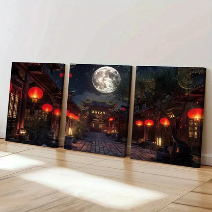 3pcs Traditional Architecture Lantern in Moonlit Wall Art Set Canvas Framed 40x60cm - High Quality Print 100% Australian Made Wall Canvas Ready to Hang