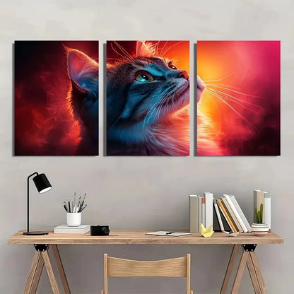3pcs Vibrant Blue & Orange Cat Metal Print Ready to Hang Art