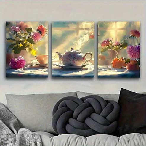 3pcs Morning Tea with Roses Wall Art Canvas Unframed - High Quality Print 100% Australian Made Wall Canvas