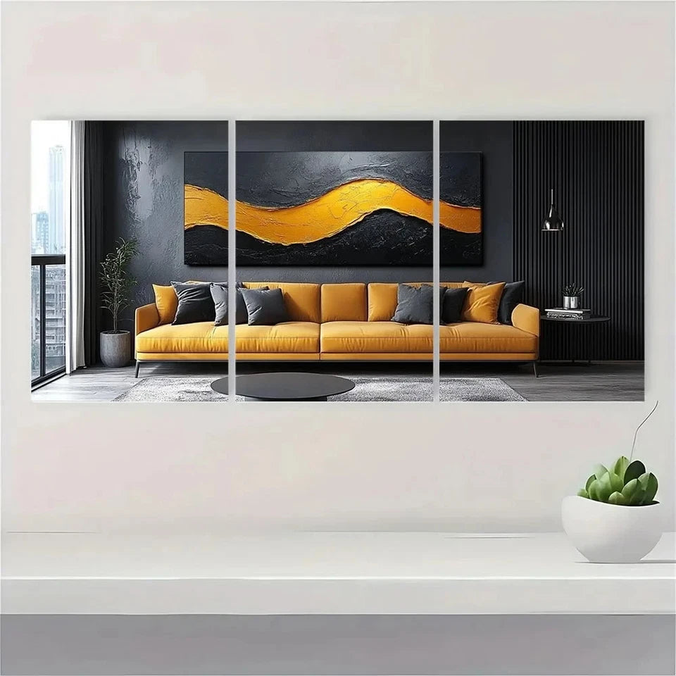 3pcs Chic Black and Golden Abstract Metal Print Ready to Hang Art