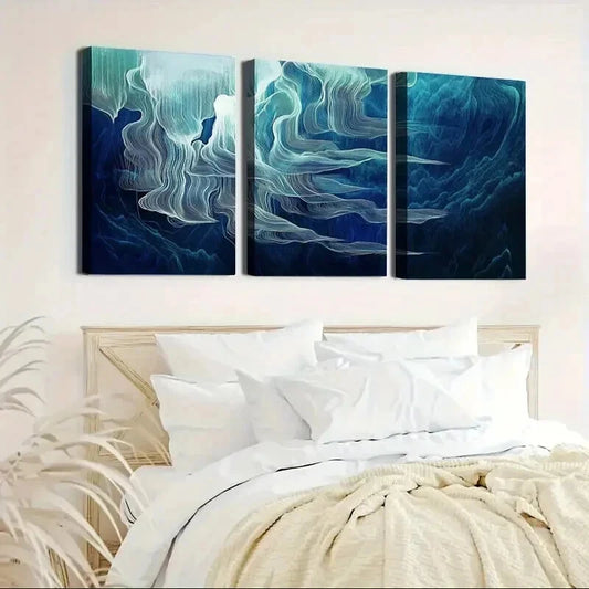 3pcs Abstract Blue & White Ocean Wave Wall Art Set Canvas Framed 40x60cm - High Quality Print 100% Australian Made Wall Canvas Ready to Hang