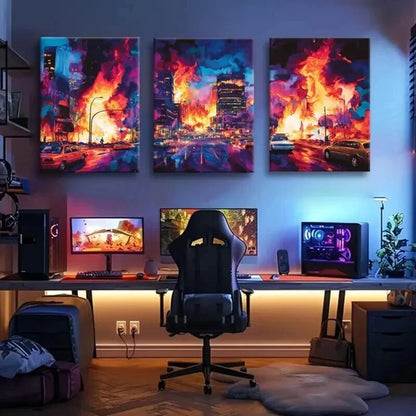 3pcs Cyberpunk Cityscape Neon Apocalypse Perfect Wall Art Set Canvas Framed 40x60cm - High Quality Print 100% Australian Made Wall Canvas Ready to Hang