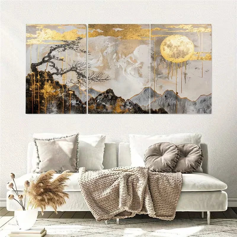 3pcs Abstract Golden Mountain Tree Wall Art Set Canvas Framed 60x90cm - High Quality Print 100% Australian Made Wall Canvas Ready to Hang