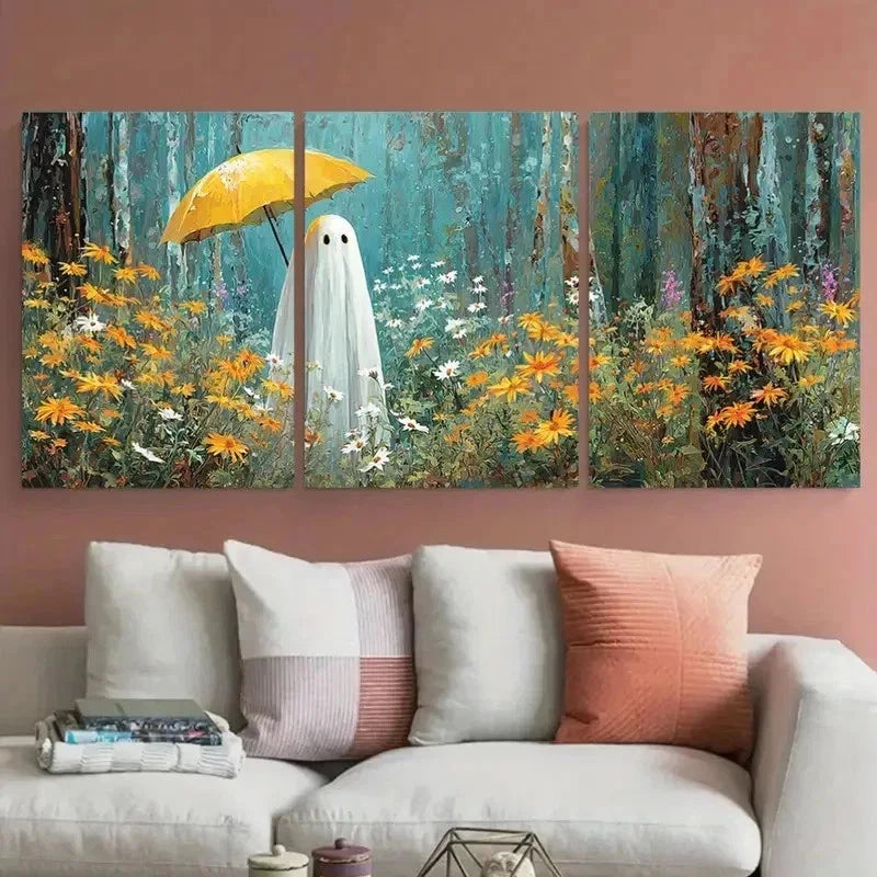 3pcs Cute Ghost In Woods With Yellow Perfect Wall Art Set Canvas Framed 40x60cm - High Quality Print 100% Australian Made Wall Canvas Ready to Hang