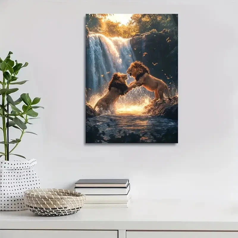 Beautiful Dreamlike Lion Playful Scene Near Painting 40x60cm Metal Print Ready to Hang
