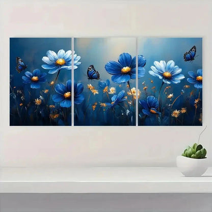 3pcs Vibrant Blue Flowers with Butterflies Metal Print Ready to Hang Art