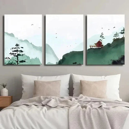 3pcs Abstract Green Landscape with Red Bench Wall Art Canvas Unframed - High Quality Print 100% Australian Made Wall Canvas