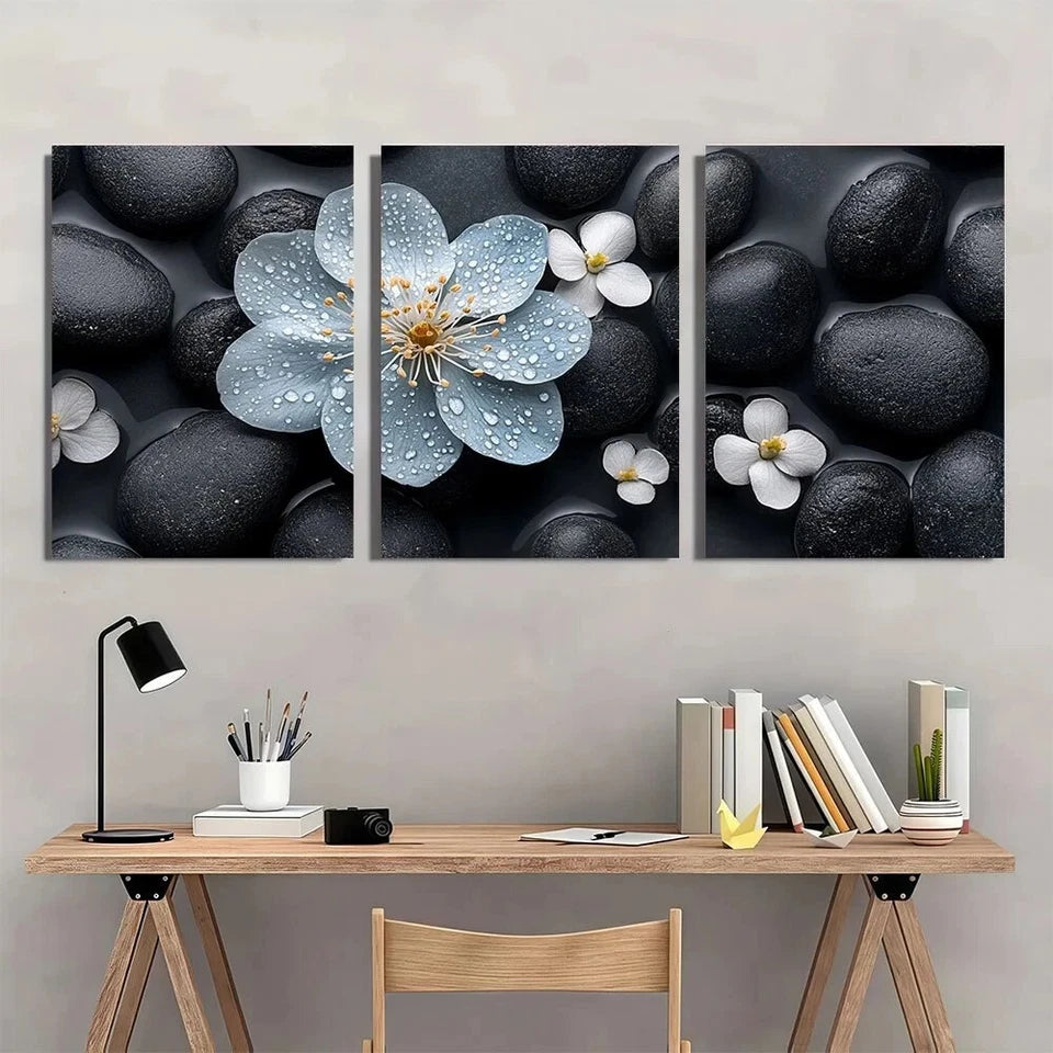 3pcs Zen Inspired Floral Black & White Pebbles Metal Print Ready to Hang Art