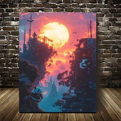Beautiful Cyberpunk Panda Sunset Sky Painting 40x60cm Metal Print Ready to Hang