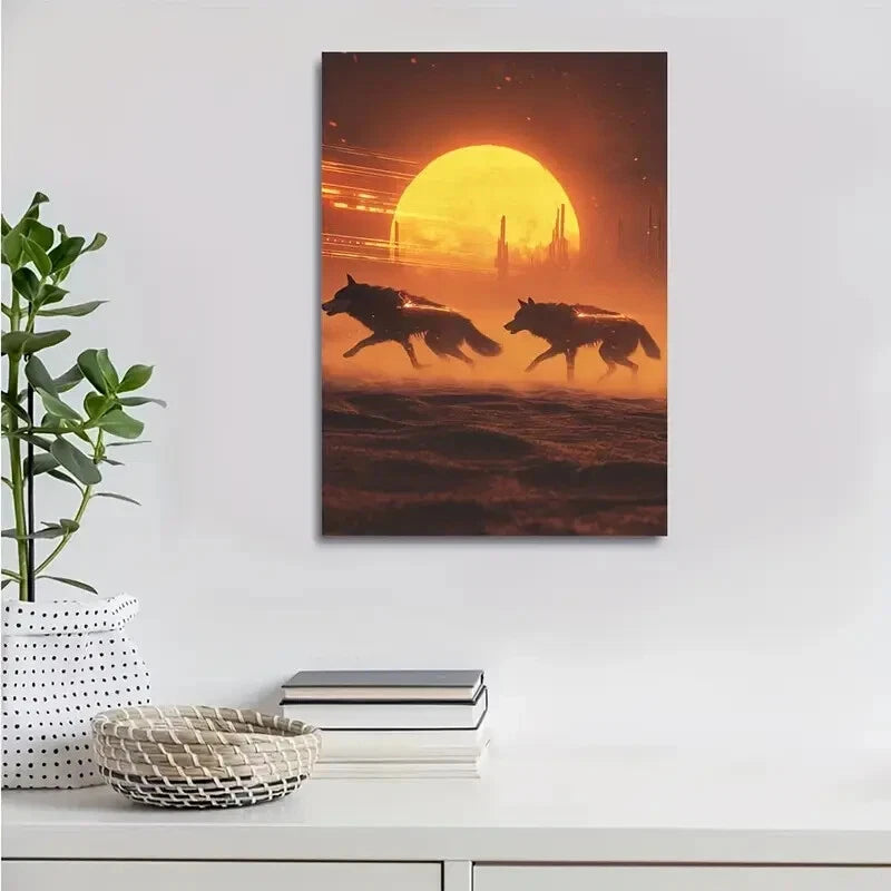 Dramatic Wolves & Glowing Orange Sky Scene Painting 40x60cm Metal Print Ready to Hang