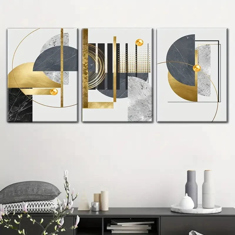 3pcs Featuring Abstract Shapes in Golden And Black Metal Print Ready to Hang Art