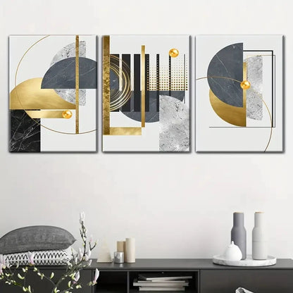 3pcs Featuring Abstract Shapes in Golden And Black Metal Print Ready to Hang Art