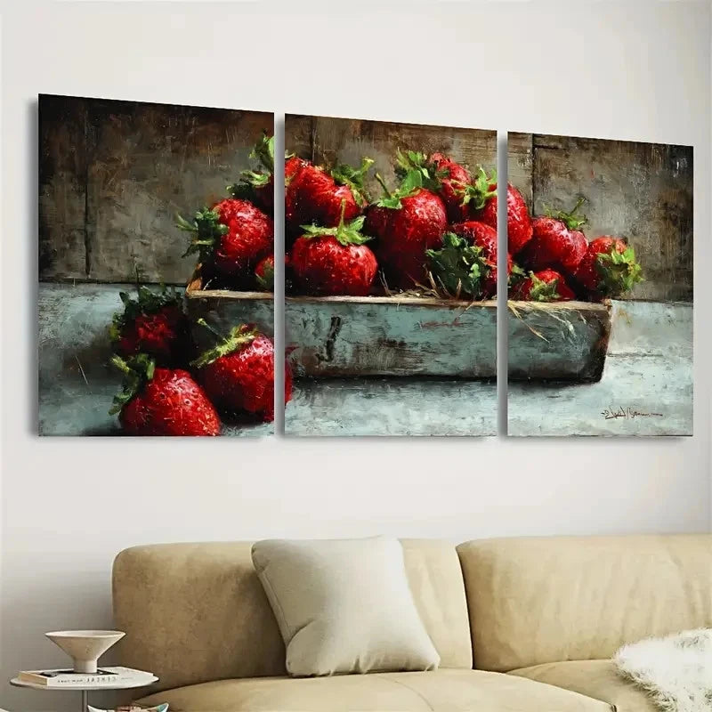 3pcs Fresh Strawberries Rustic Kitchen Farmhouse Wall Art Set Canvas Framed 40x60cm - High Quality Print 100% Australian Made Wall Canvas Ready to Hang