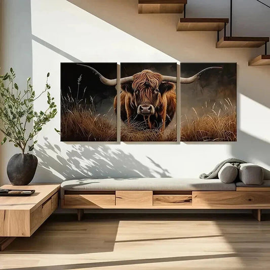 3pcs Scottish Highland Cow In Grass Wall Art Set Canvas Framed 40x60cm - High Quality Print 100% Australian Made Wall Canvas Ready to Hang