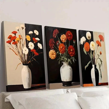 3pcs Colorful Flowers in Black & White Vases Wall Art Set Canvas Framed 40x60cm - High Quality Print 100% Australian Made Wall Canvas Ready to Hang