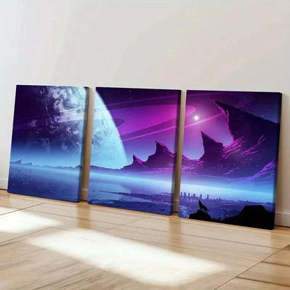 3pcs Fantasy Landscape Art Island & Howling Wolf Wall Art Set Canvas Framed 40x60cm - High Quality Print 100% Australian Made Wall Canvas Ready to Hang