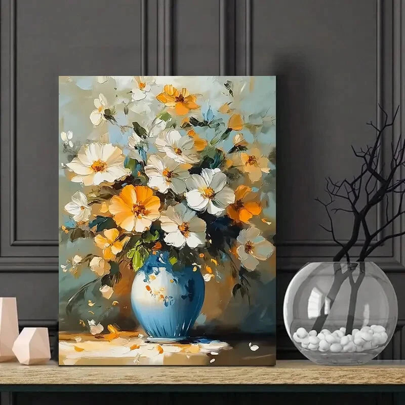 Flowers In a Vase, with a Light Blue And White Color 40x60cm Metal Print Ready to Hang