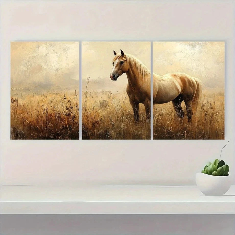 3pcs Brown Horse Tranquil Theme Metal Print Ready to Hang Art