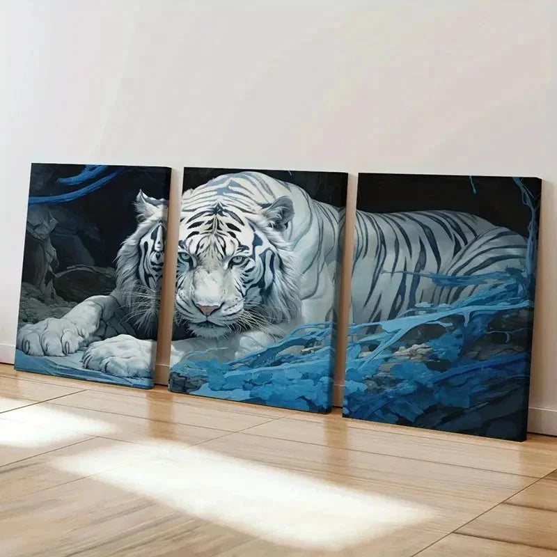 3pcs White Tiger Fantasy Animal Decor Wall Art Set Canvas Framed 40x60cm - High Quality Print 100% Australian Made Wall Canvas Ready to Hang
