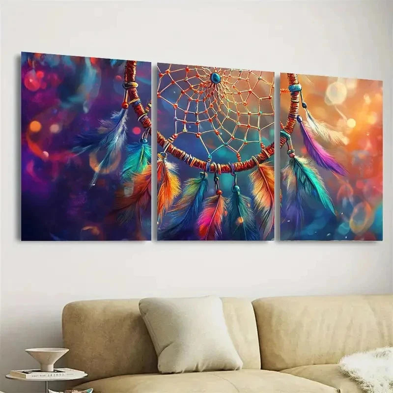 3pcs Vibrant Dream Catcher Wall Art Set Canvas Framed 50x70cm - High Quality Print 100% Australian Made Wall Canvas Ready to Hang