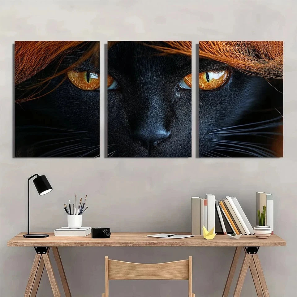 3pcs Charming Black Cat Stunning Gold Eyes Metal Print Ready to Hang Art