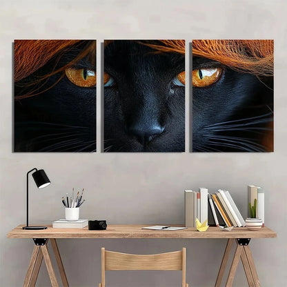 3pcs Charming Black Cat Stunning Gold Eyes Metal Print Ready to Hang Art