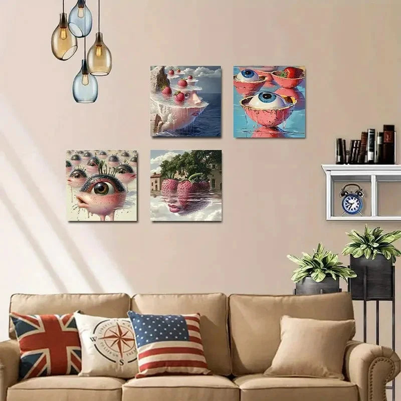 4pcs  Pink & Red Strawberry Concept Wall Art Canvas Framed
