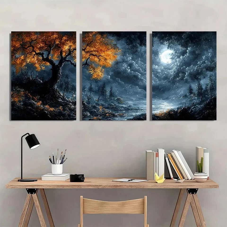 3pcs Dark Fairy Tales Autumn Night Sky Metal Print Ready to Hang Art