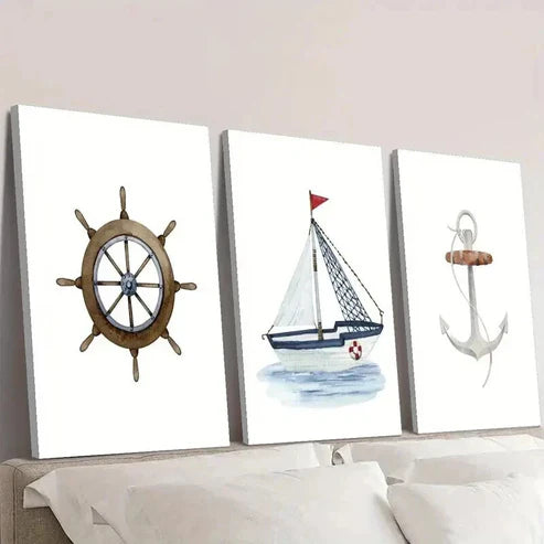 3pcs Painting of Rudder Sailboat and Anchor Wall Art Canvas Unframed – High Quality Print 100% Australian Made Wall Canvas