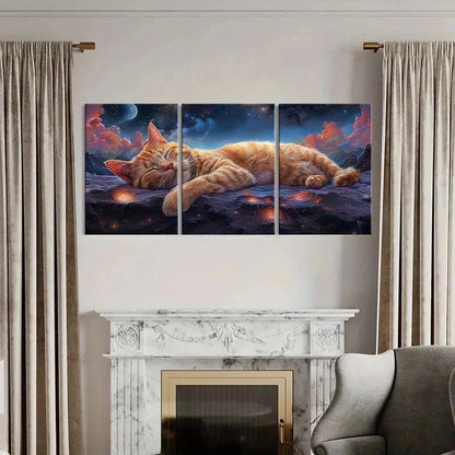 3pcs Slumbering Cat In The Stars Background Wall Art Set Canvas Framed 40x60cm - High Quality Print 100% Australian Made Wall Canvas Ready to Hang
