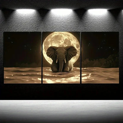 3pcs The Elephant Under The Moon Metal Print Ready to Hang Art