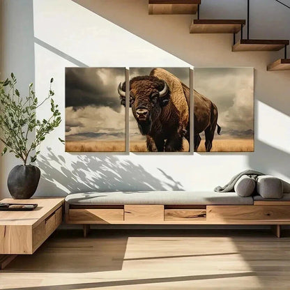3pcs Majestic Wildlife Bison Prairie Wall Art Set Canvas Framed 40x60cm - High Quality Print 100% Australian Made Wall Canvas Ready to Hang