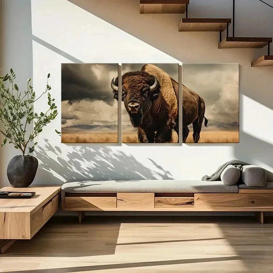 3pcs Majestic Wildlife Bison Prairie Wall Art Set Canvas Framed 40x60cm - High Quality Print 100% Australian Made Wall Canvas Ready to Hang