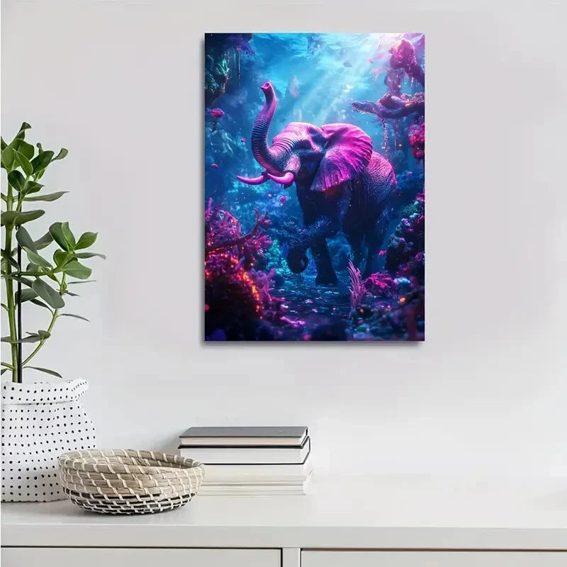 Cyberpunk Elephant in Coral Reef Neon Glow Painting  40x60cm Metal Print Ready to Hang