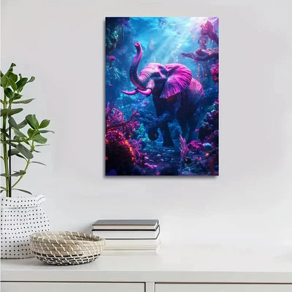Cyberpunk Elephant in Coral Reef Neon Glow Painting  40x60cm Metal Print Ready to Hang