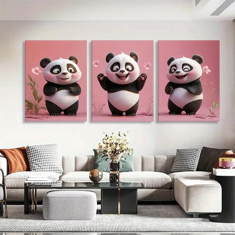 3pcs Pink Background Playful Panda Perfect Wall Art Set Canvas Framed 40x60cm - High Quality Print 100% Australian Made Wall Canvas Ready to Hang
