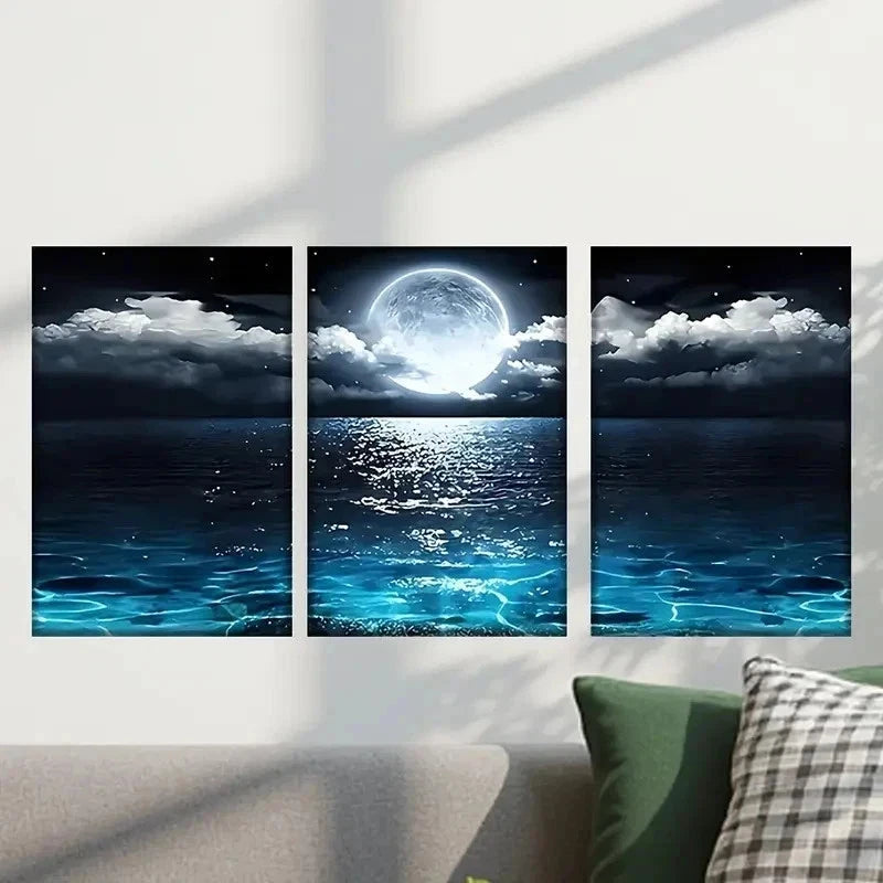 3pcs Full Moon Over Ocean with Clouds Wall Art Set Canvas Framed 40x60cm - High Quality Print 100% Australian Made Wall Canvas Ready to Hang