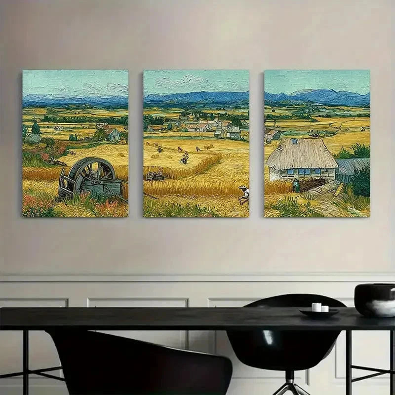 3pcs Retro Wheat Field Harvest Scene Paintings Metal Print Ready to Hang Art