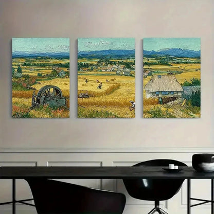 3pcs Retro Wheat Field Harvest Scene Paintings Metal Print Ready to Hang Art