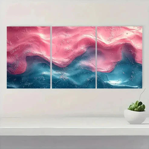 3pcs Vibrant Pink & Green Swirls on Blue GT Wall Art Set Canvas Unframed - High Quality Print 100% Australian Made Wall Canvas