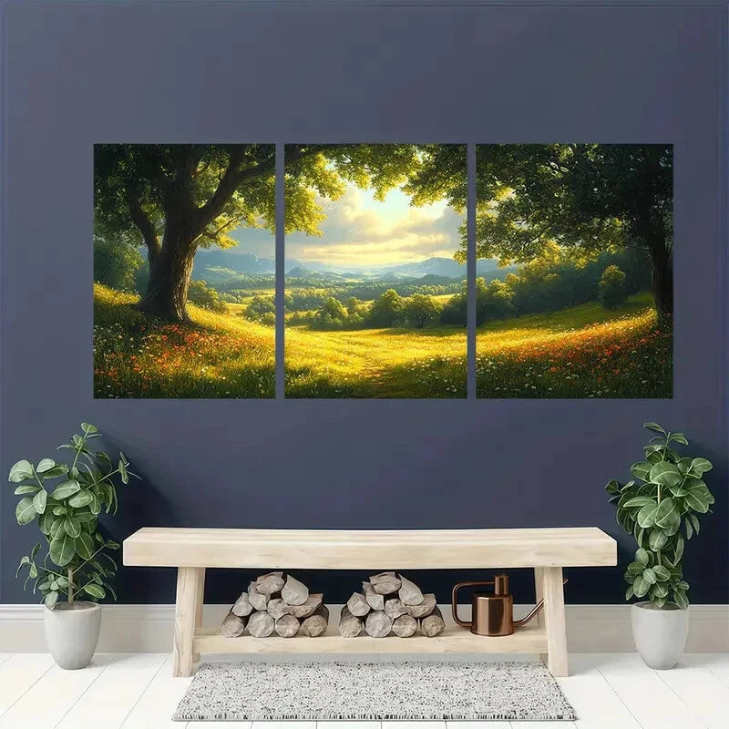 3pcs Pastoral Countryside Landscape with Trees Metal Print Ready to Hang Art