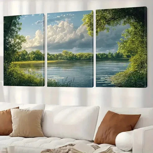 3pcs Serene River & Clouds And Green Nature Wall Art Set Canvas Framed 60x90cm - High Quality Print 100% Australian Made Wall Canvas Ready to Hang