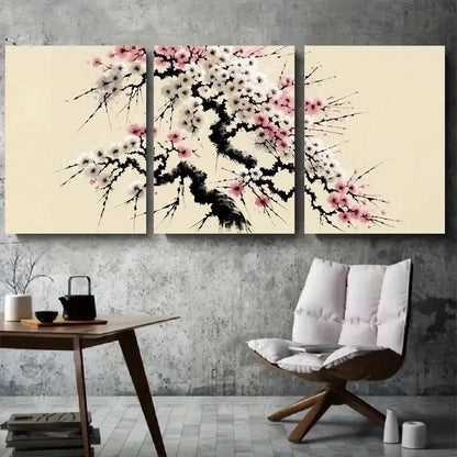3pcs Elegant Pink and White Plum Blossom Metal Print Ready to Hang Art