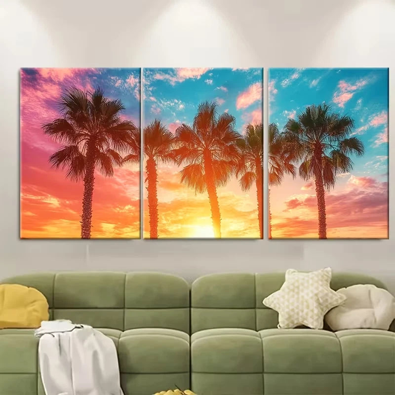 3pcs Palm Trees Under Colorful Sky Metal Print Ready to Hang Art