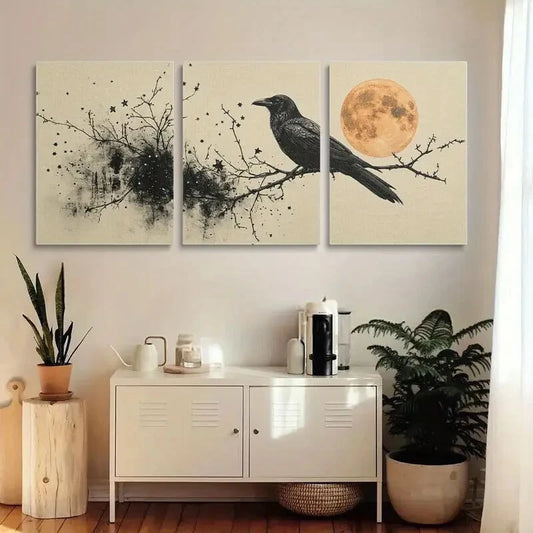 3pcs Elegant Raven Sitting On a Branch Metal Print Ready to Hang Art