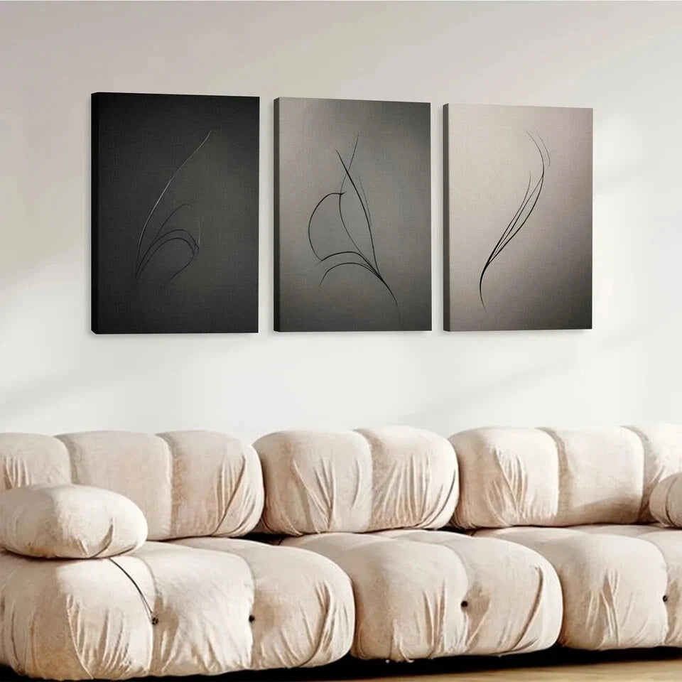 3pcs Art tryptic trendy Abstract Gray Black Line Wall Art Set Canvas Framed 50x70cm - High Quality Print 100% Australian Made Wall Canvas Ready to Hang